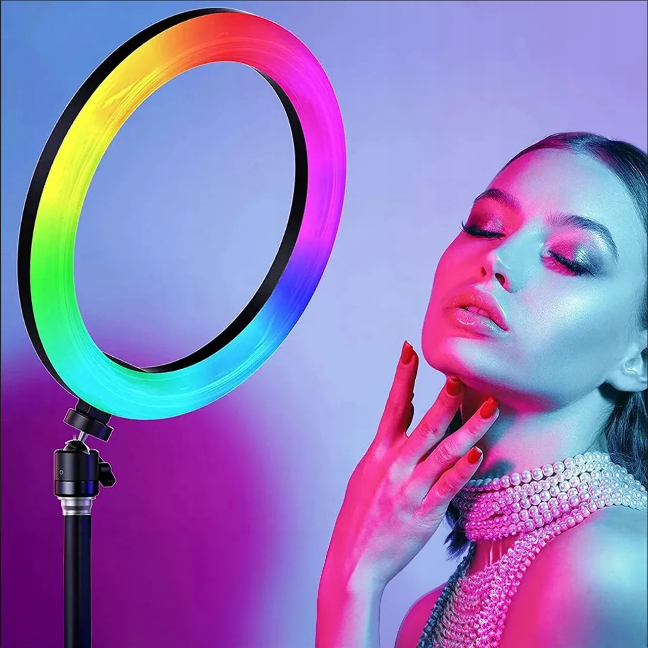Interlook LED žiedinė lempa RGB 26 cm makiažui asmenukėms + 210 cm trikojis