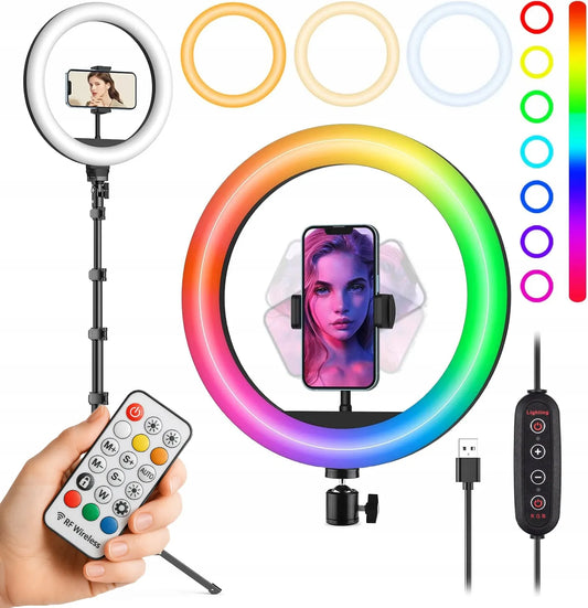 Interlook LED žiedinė lempa RGB 26 cm makiažui asmenukėms + 210 cm trikojis
