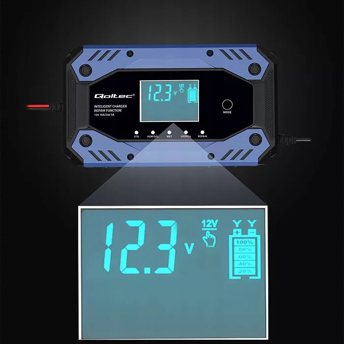 Išmanusis akumuliatorių įkroviklis su remonto funkcija 12-24V 10A LCD