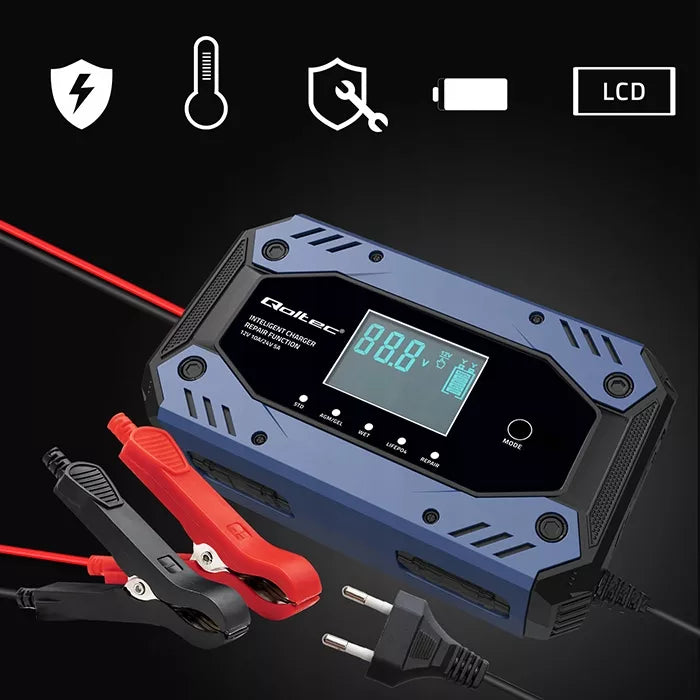 Išmanusis akumuliatorių įkroviklis su remonto funkcija 12-24V 10A LCD
