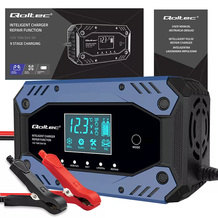Išmanusis akumuliatorių įkroviklis su remonto funkcija 12-24V 10A LCD