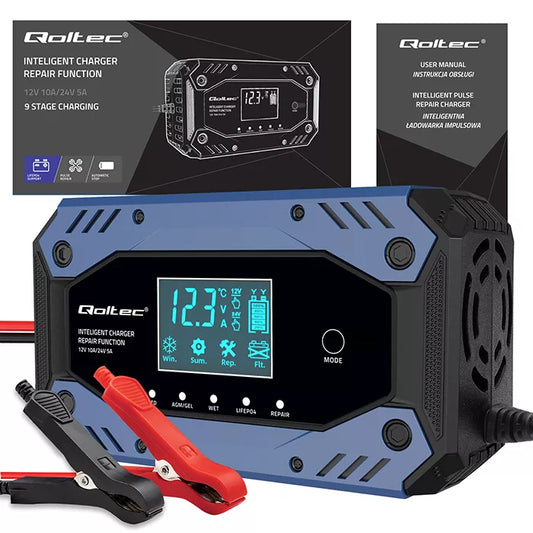 Išmanusis akumuliatorių įkroviklis su remonto funkcija 12-24V 10A LCD