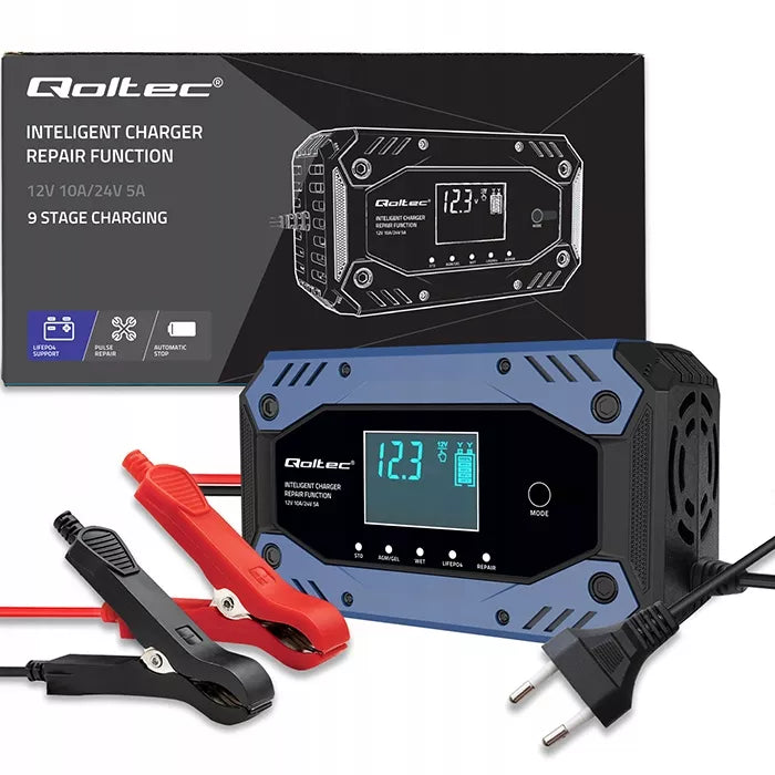 Išmanusis akumuliatorių įkroviklis su remonto funkcija 12-24V 10A LCD