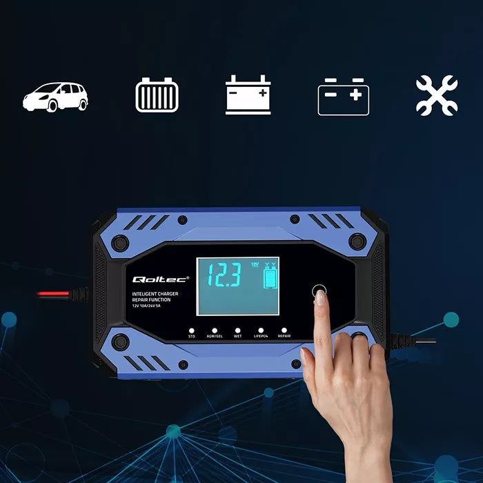 Išmanusis akumuliatorių įkroviklis su remonto funkcija 12-24V 10A LCD
