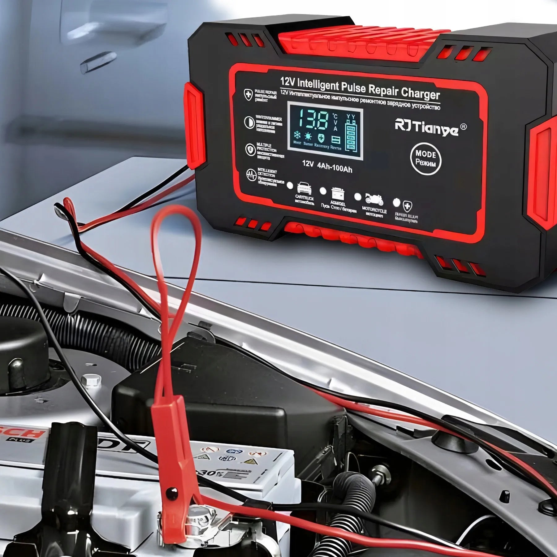 Išmanusis automatinis automobilinis akumuliatoriaus įkroviklis su remonto funkcija 12V LCD
