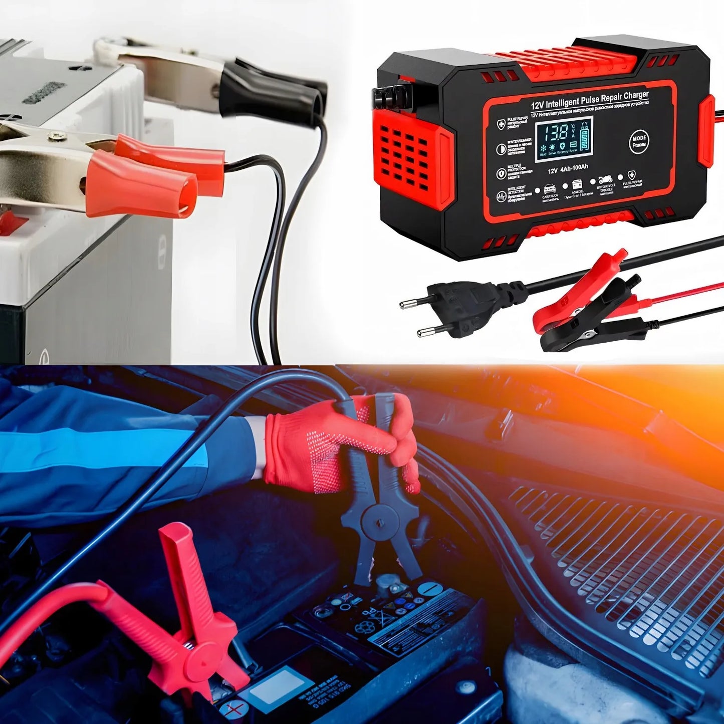 Išmanusis automatinis automobilinis akumuliatoriaus įkroviklis su remonto funkcija 12V LCD
