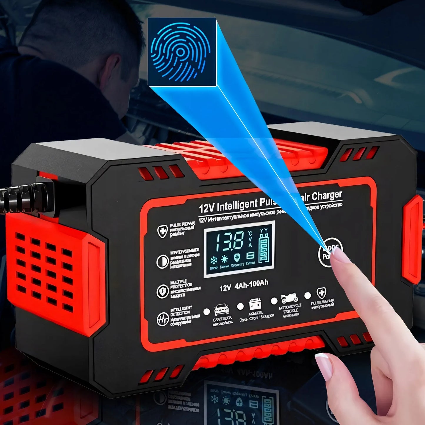 Išmanusis automatinis automobilinis akumuliatoriaus įkroviklis su remonto funkcija 12V LCD