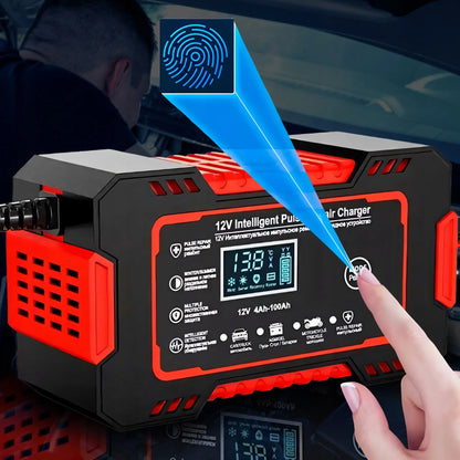 Išmanusis automatinis automobilinis akumuliatoriaus įkroviklis su remonto funkcija 12V LCD