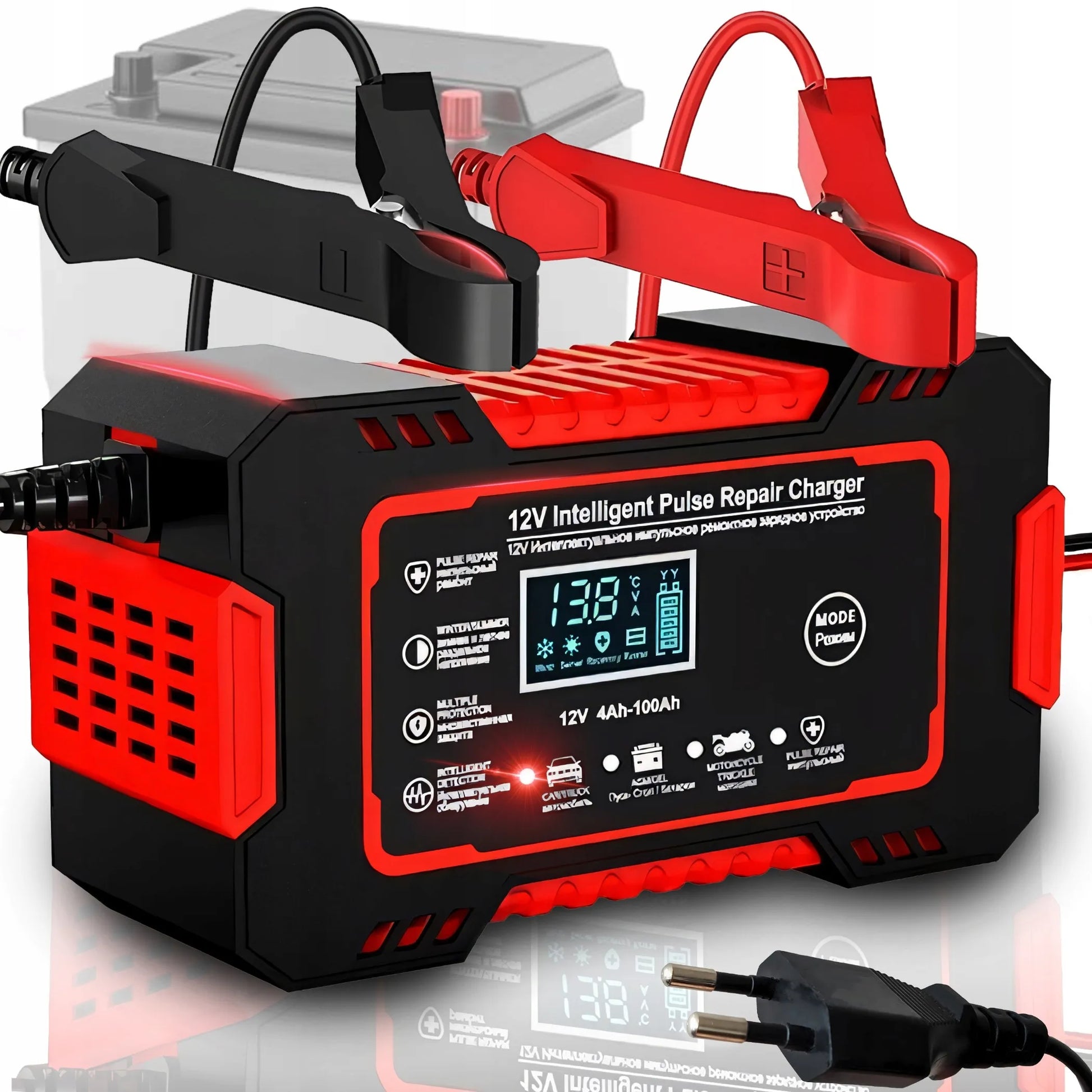 Išmanusis automatinis automobilinis akumuliatoriaus įkroviklis su remonto funkcija 12V LCD