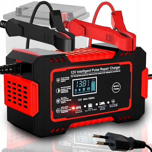 Išmanusis automatinis automobilinis akumuliatoriaus įkroviklis su remonto funkcija 12V LCD
