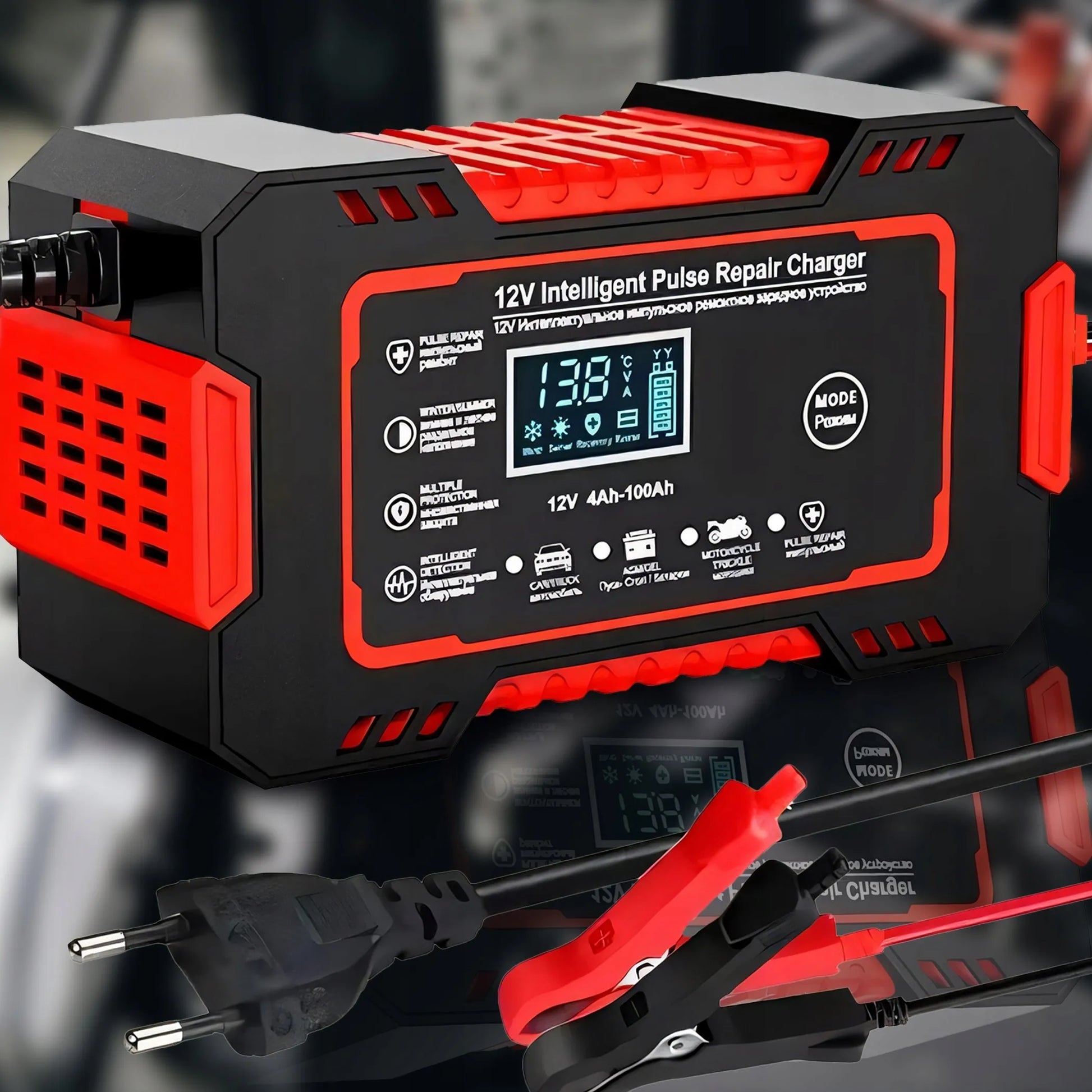 Išmanusis automatinis automobilinis akumuliatoriaus įkroviklis su remonto funkcija 12V LCD