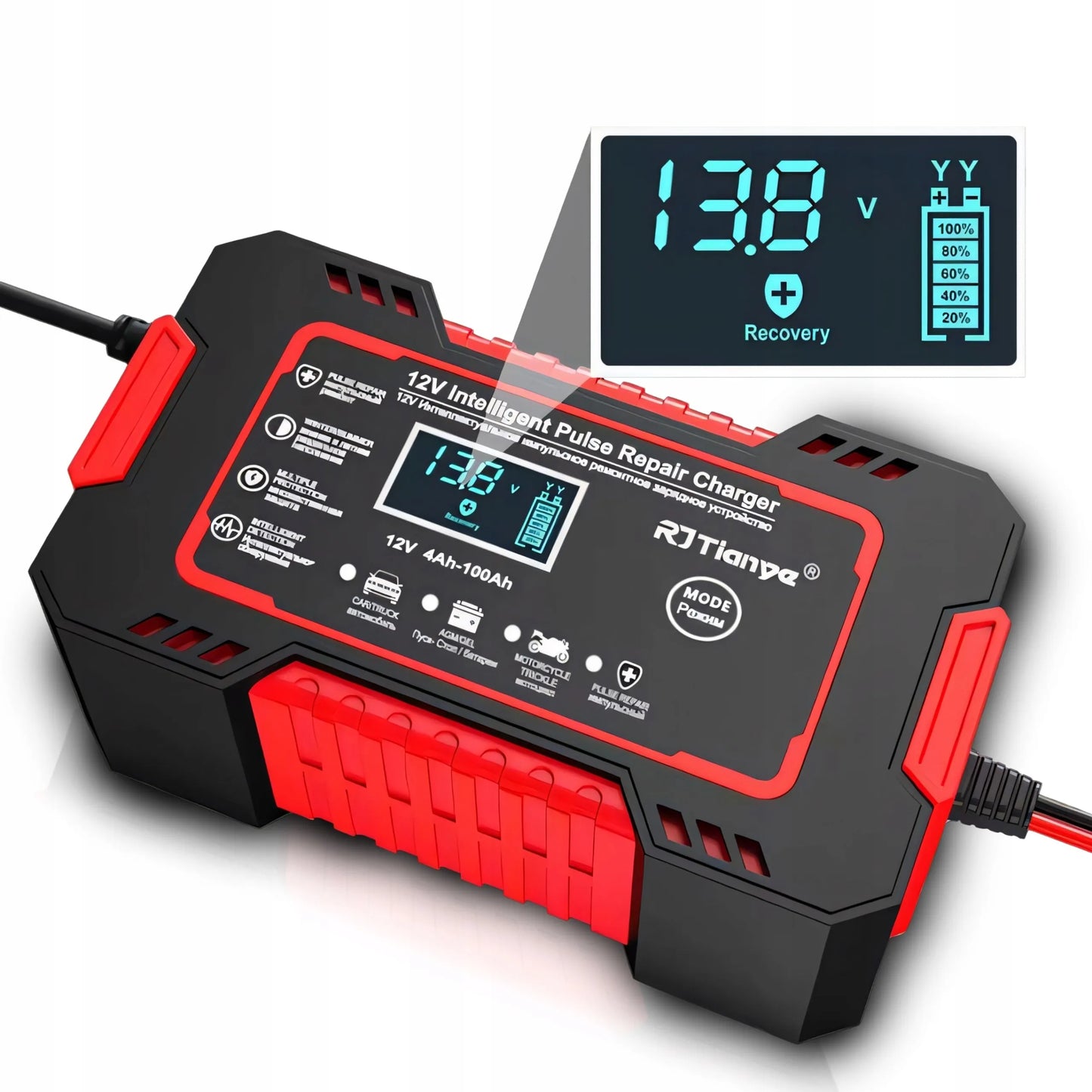 Išmanusis automatinis automobilinis akumuliatoriaus įkroviklis su remonto funkcija 12V LCD