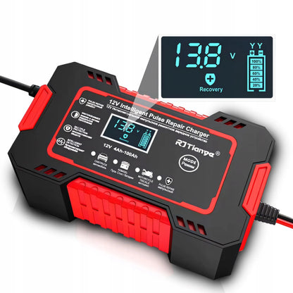 Išmanusis automatinis automobilinis akumuliatoriaus įkroviklis su remonto funkcija 12V LCD