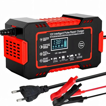 Išmanusis automatinis automobilinis akumuliatoriaus įkroviklis su remonto funkcija 12V LCD