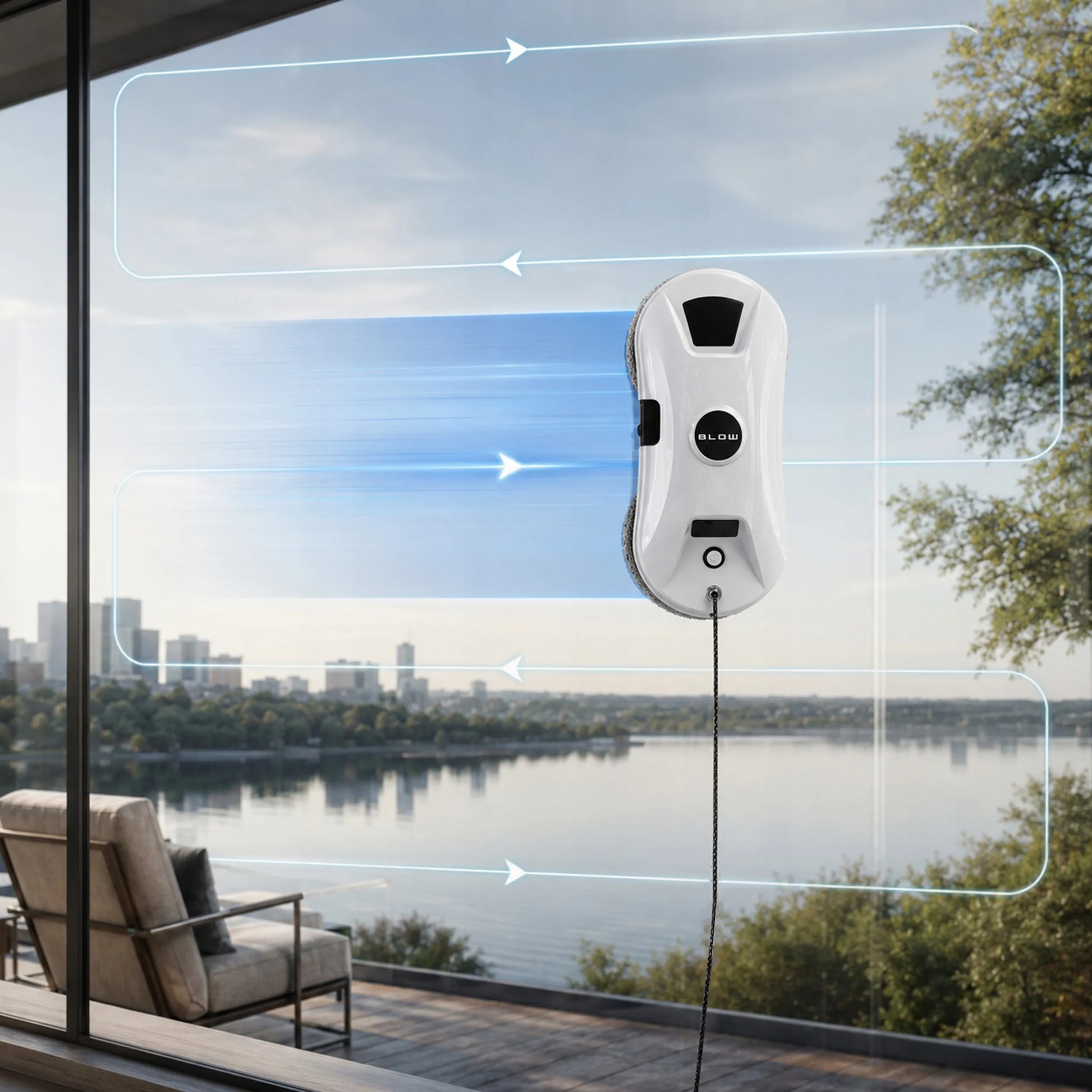 Išmanusis langų, veidrodžių ir stiklo valymo robotas BLOW LUMINO su automatiniu ploviklio purškimu