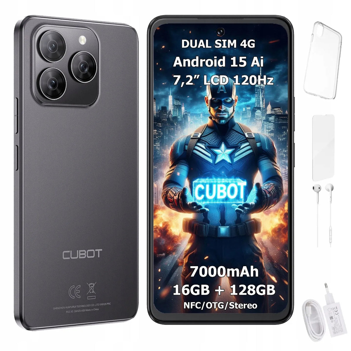 Išmanusis telefonas „CUBOT Note 60“, „Android 15“, 6/128 GB, NFC, „Dual SIM“, 4G, 7,2 col., dėklas