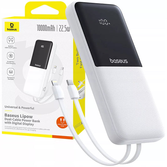 Išorinė baterija BASEUS 10000 mAh 22,5W su integruotais USB-C ir Lightning kabeliais