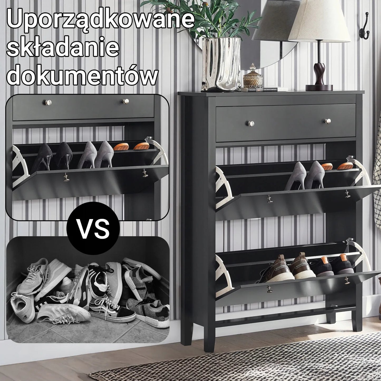 Juoda aukšta batų spintelė su stalčiumi ir 2 durelėmis 80x25x108 cm FSR89-SCH