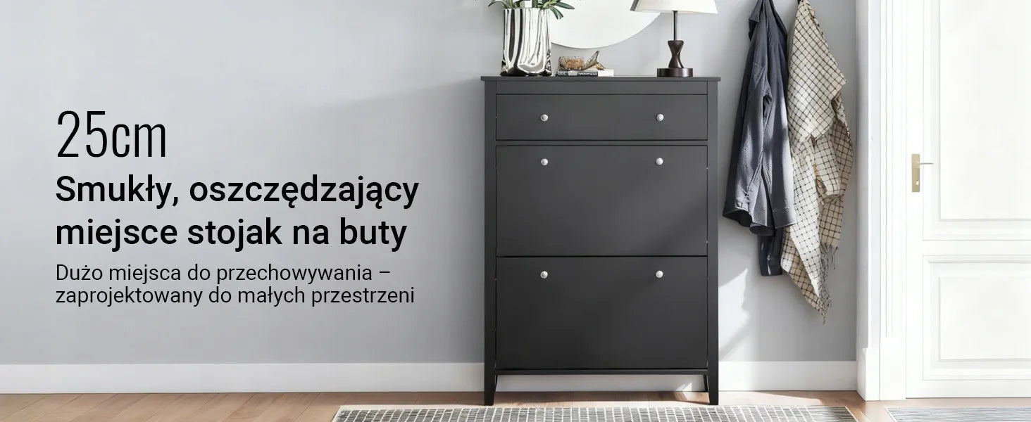 Juoda aukšta batų spintelė su stalčiumi ir 2 durelėmis 80x25x108 cm FSR89-SCH