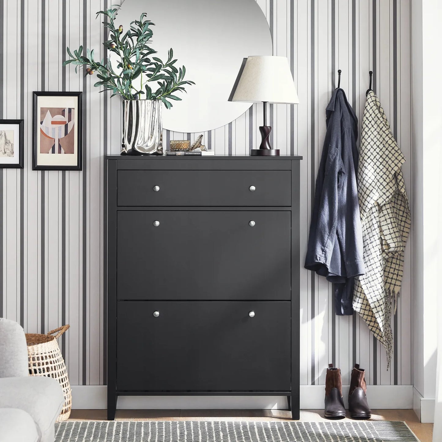 Juoda aukšta batų spintelė su stalčiumi ir 2 durelėmis 80x25x108 cm FSR89-SCH