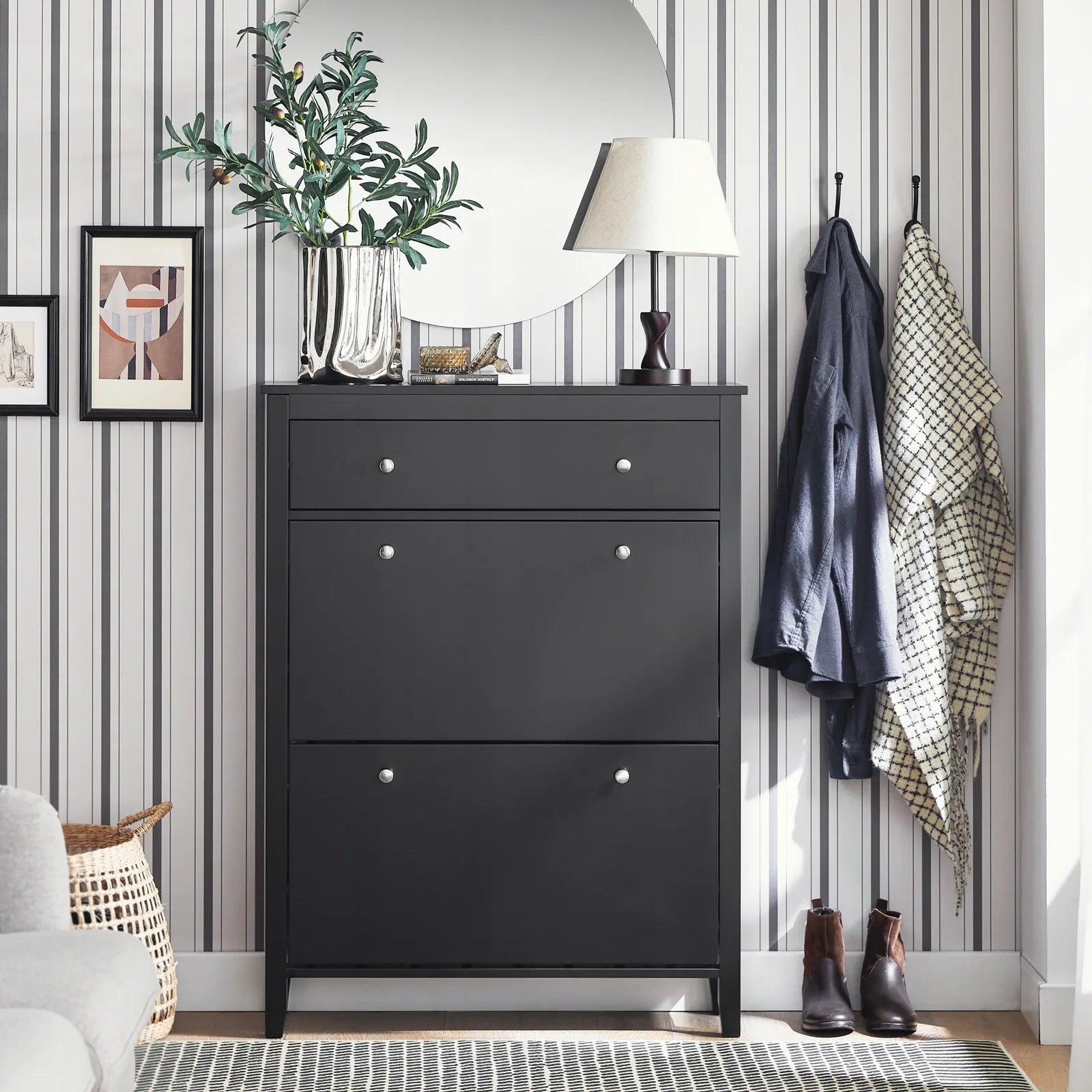 Juoda aukšta batų spintelė su stalčiumi ir 2 durelėmis 80x25x108 cm FSR89-SCH