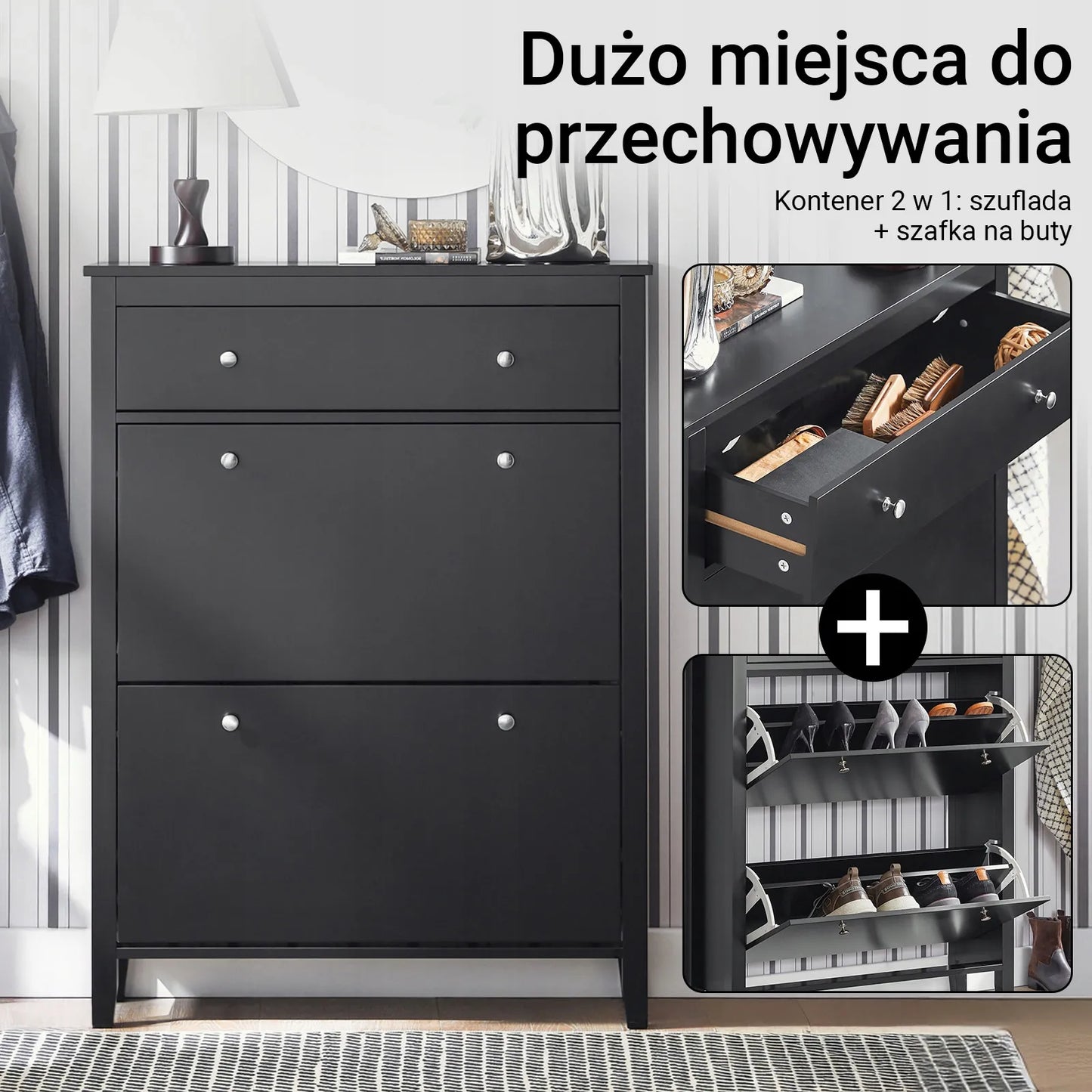 Juoda aukšta batų spintelė su stalčiumi ir 2 durelėmis 80x25x108 cm FSR89-SCH