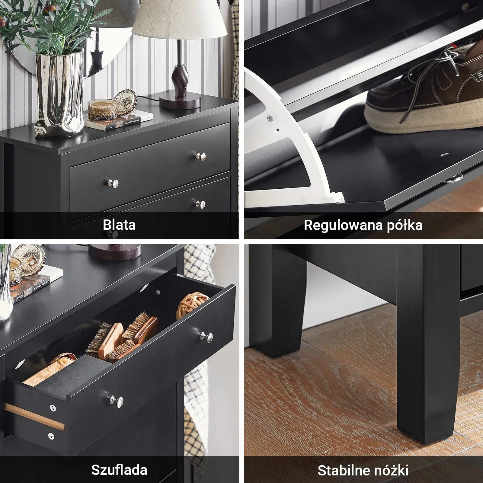 Juoda aukšta batų spintelė su stalčiumi ir 2 durelėmis 80x25x108 cm FSR89-SCH