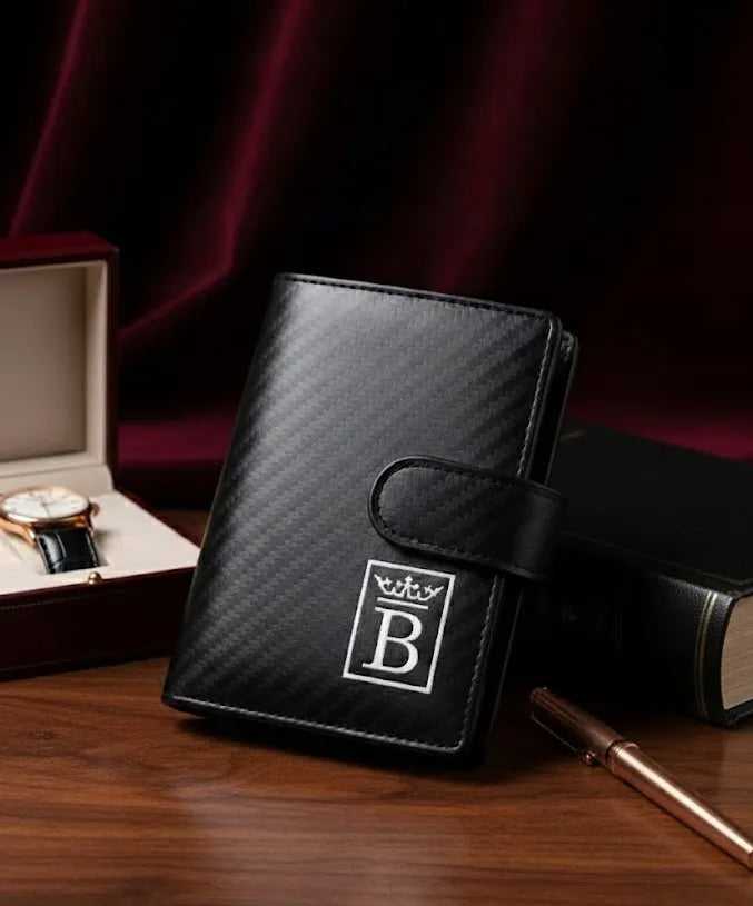 Juoda vyriška „Card Holder“ piniginė su RFID apsauga ir dėžute, ekologiška oda