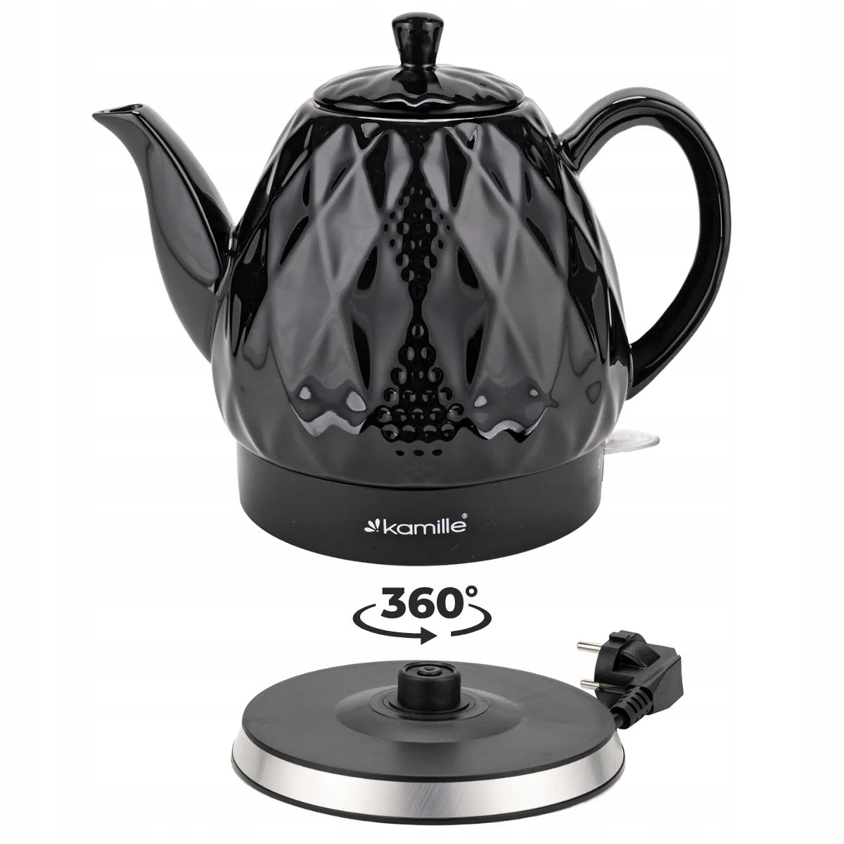 Juodas keraminis belaidis elektrinis virdulys „Kamille KM1728“, 1,5 l, 1200 W