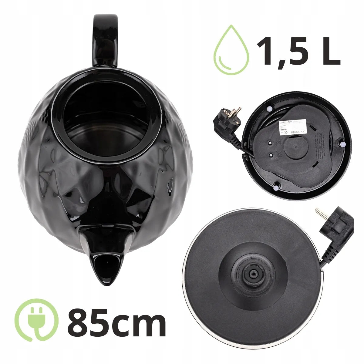 Juodas keraminis belaidis elektrinis virdulys „Kamille KM1728“, 1,5 l, 1200 W