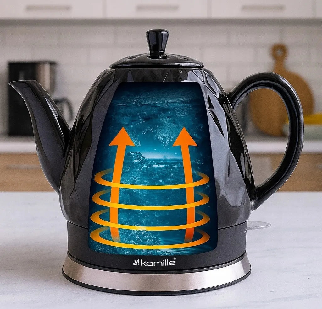Juodas keraminis belaidis elektrinis virdulys „Kamille KM1728“, 1,5 l, 1200 W