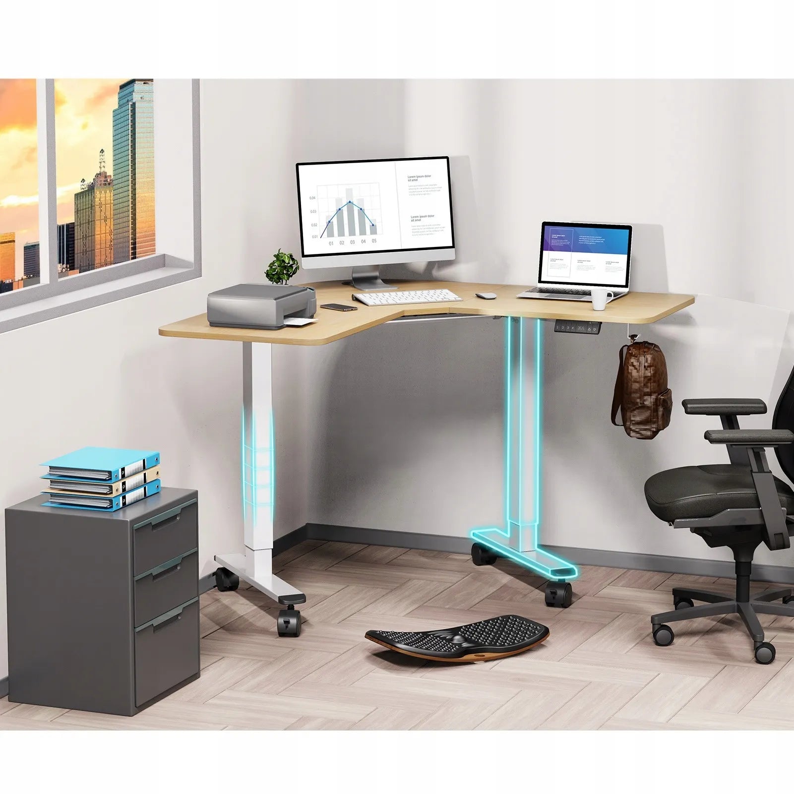 Kampinis stalas Triadyn WorkBase 1206L su elektriniu reguliavimu 120x120cm, ąžuolo spalvos