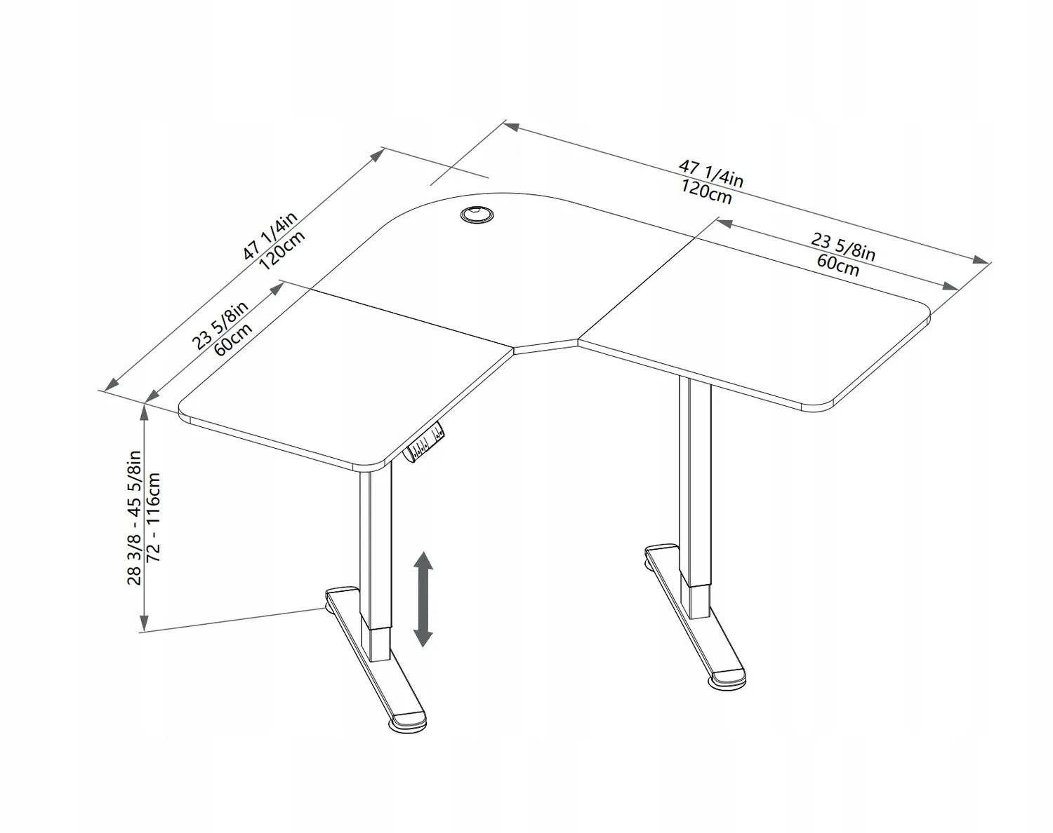Kampinis stalas Triadyn WorkBase 1206L su elektriniu reguliavimu 120x120cm, ąžuolo spalvos