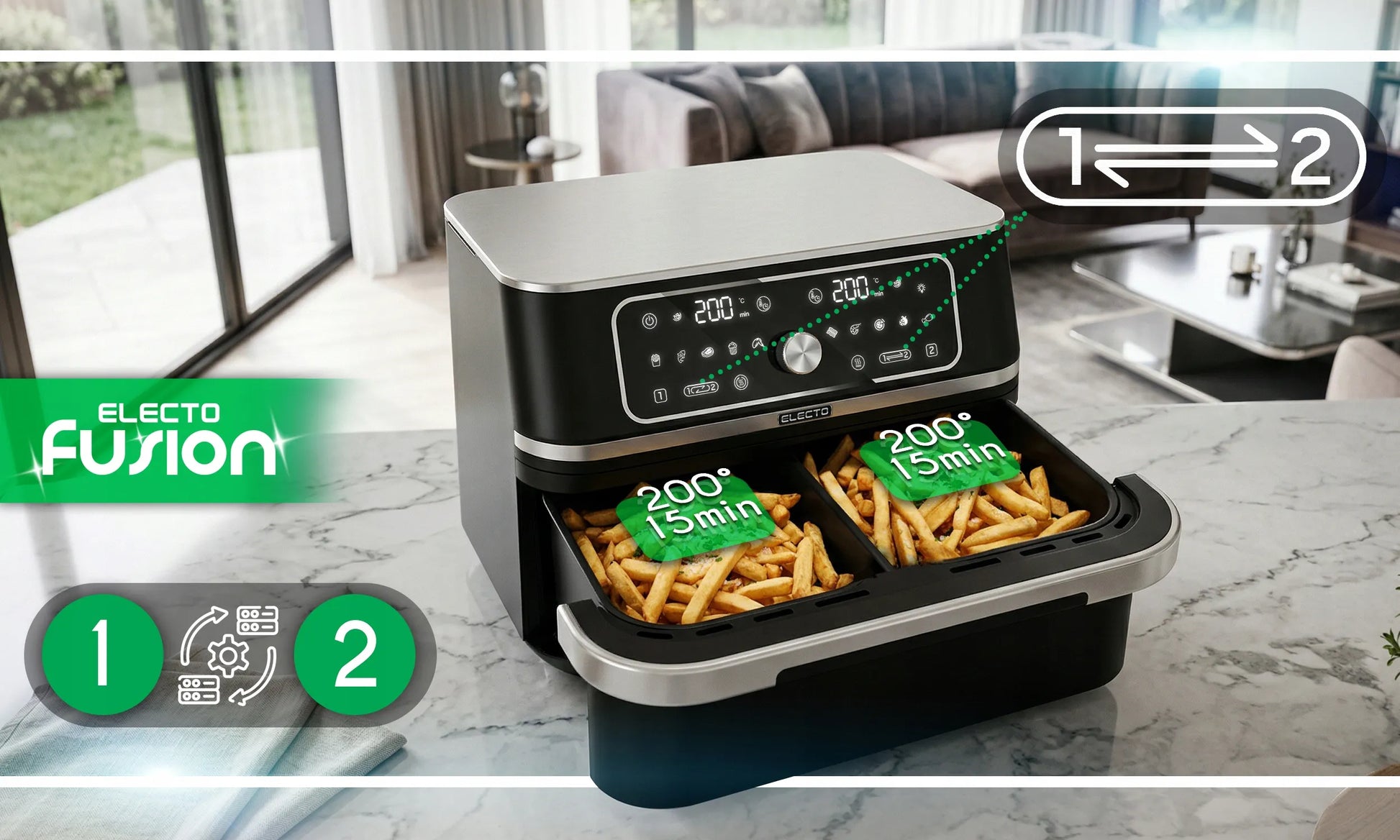 Karšto oro gruzdintuvė Electo DualChef, 3100 W, 10 l, 12 programų