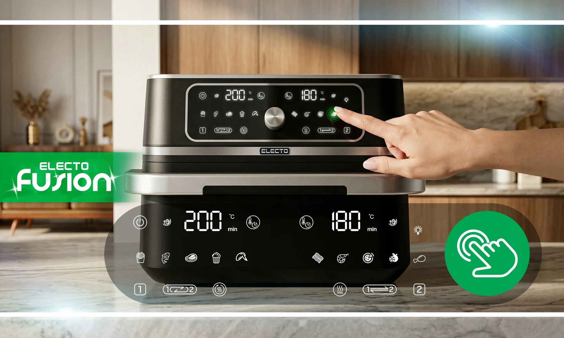 Karšto oro gruzdintuvė Electo DualChef, 3100 W, 10 l, 12 programų