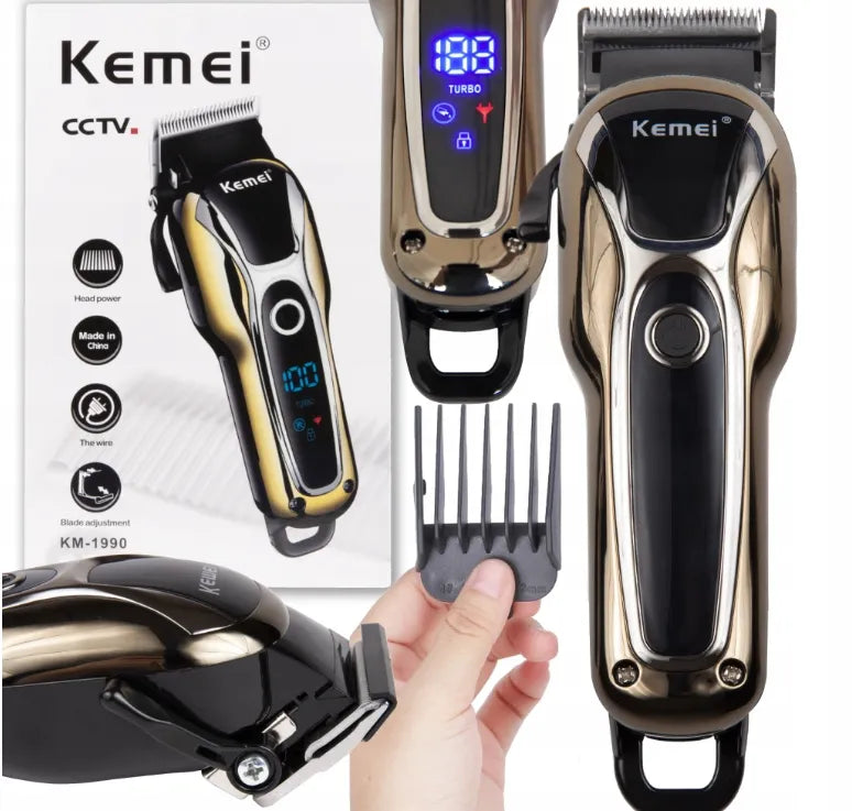 „Kemei KM-1990“ plaukų ir barzdos kirpimo mašinėlė su antgaliais, LCD ekranu