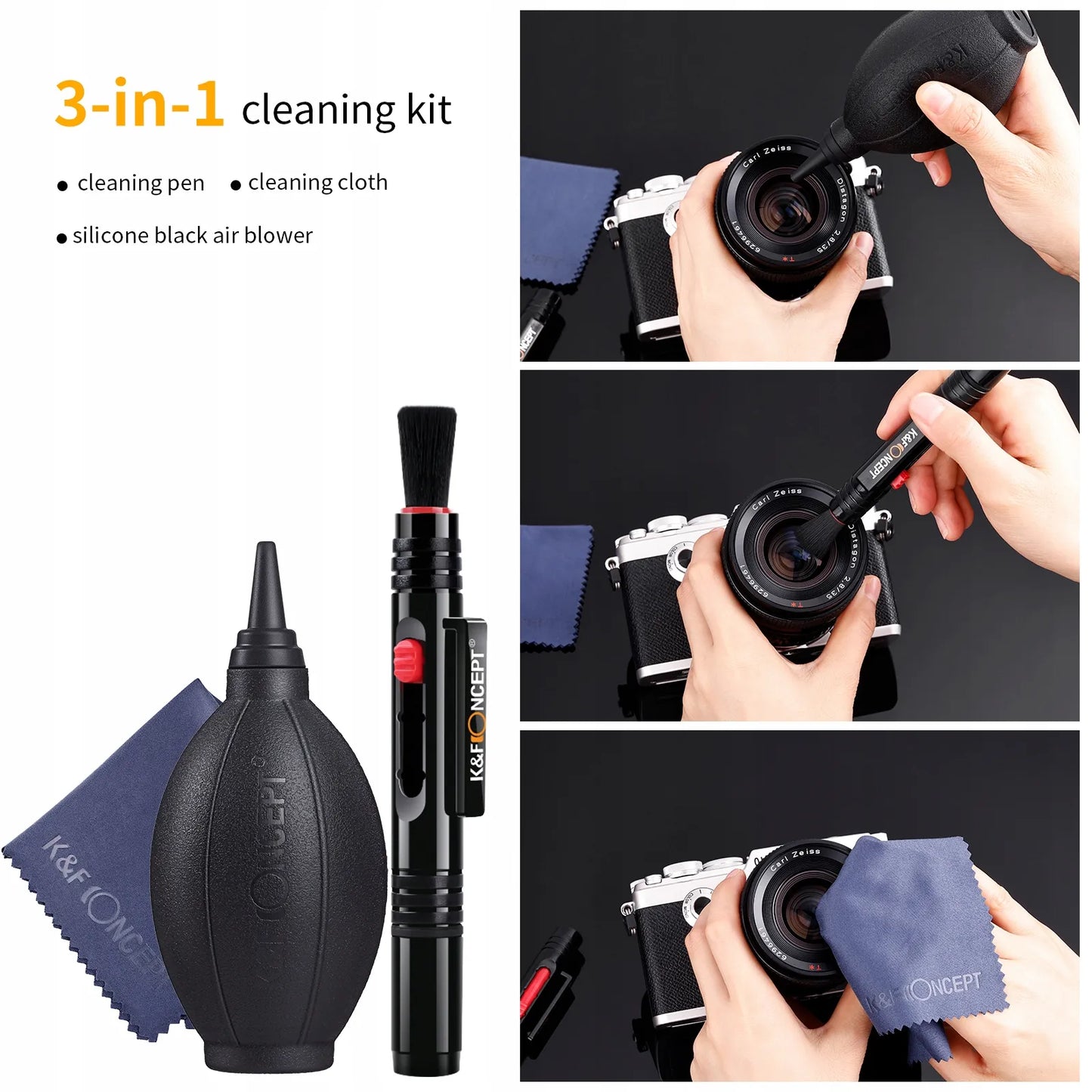 K&F Concept 3in1 fotoaparato lęšių ir optikos valymo rinkinys