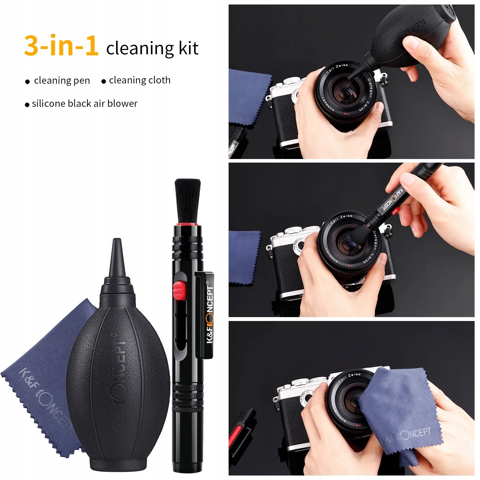 K&F Concept 3in1 fotoaparato lęšių ir optikos valymo rinkinys