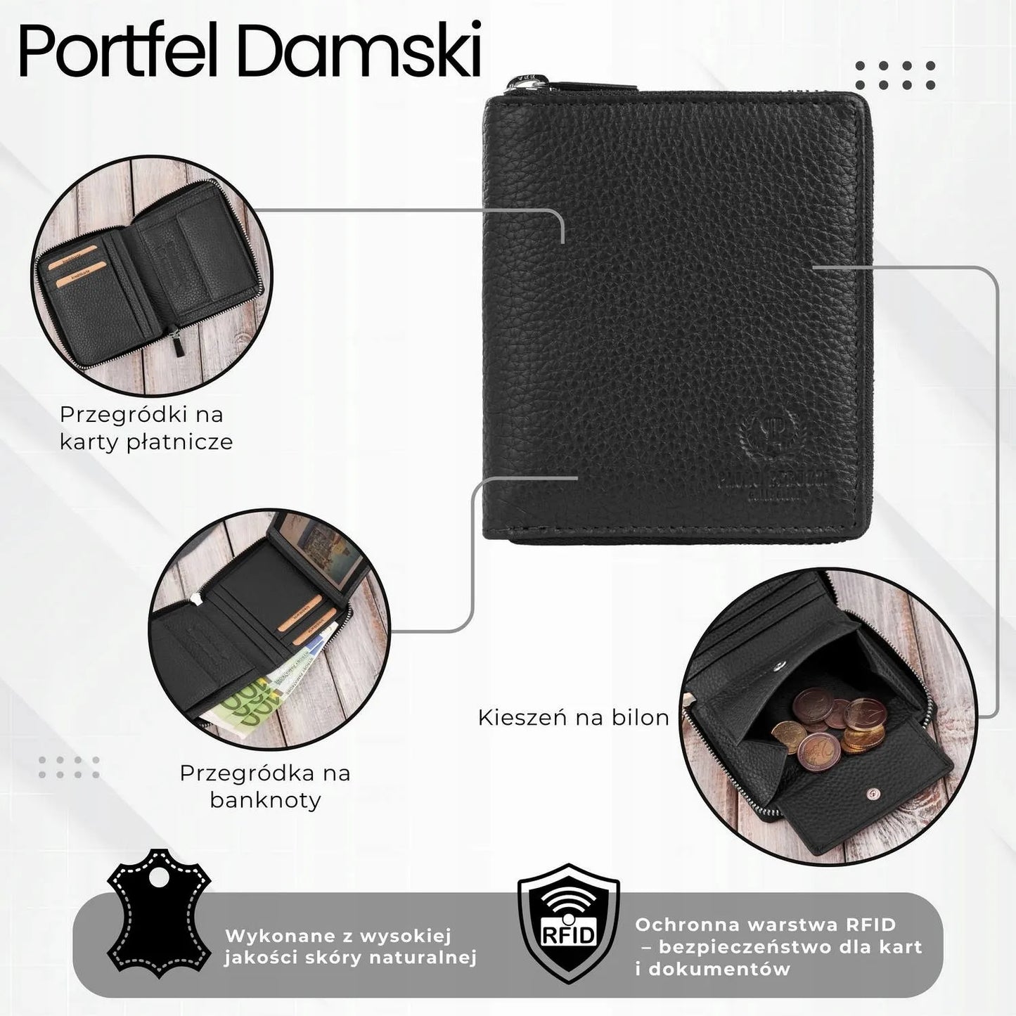 Klasikinė moteriška odinė piniginė Paolo Peruzzi T-139-BL su RFID apsauga, juoda