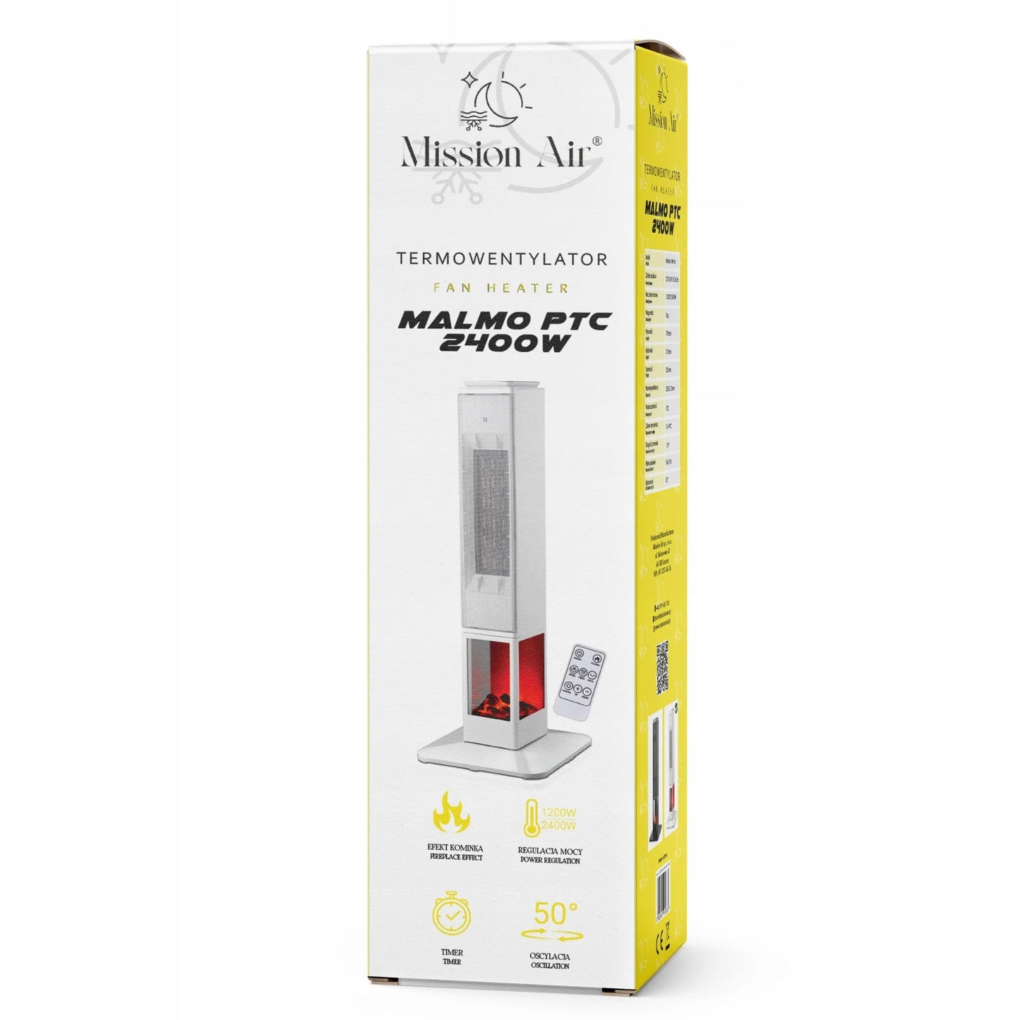 Koloninis termoventiliatorius Mission Air MALMO White 2400W su židinio efektu