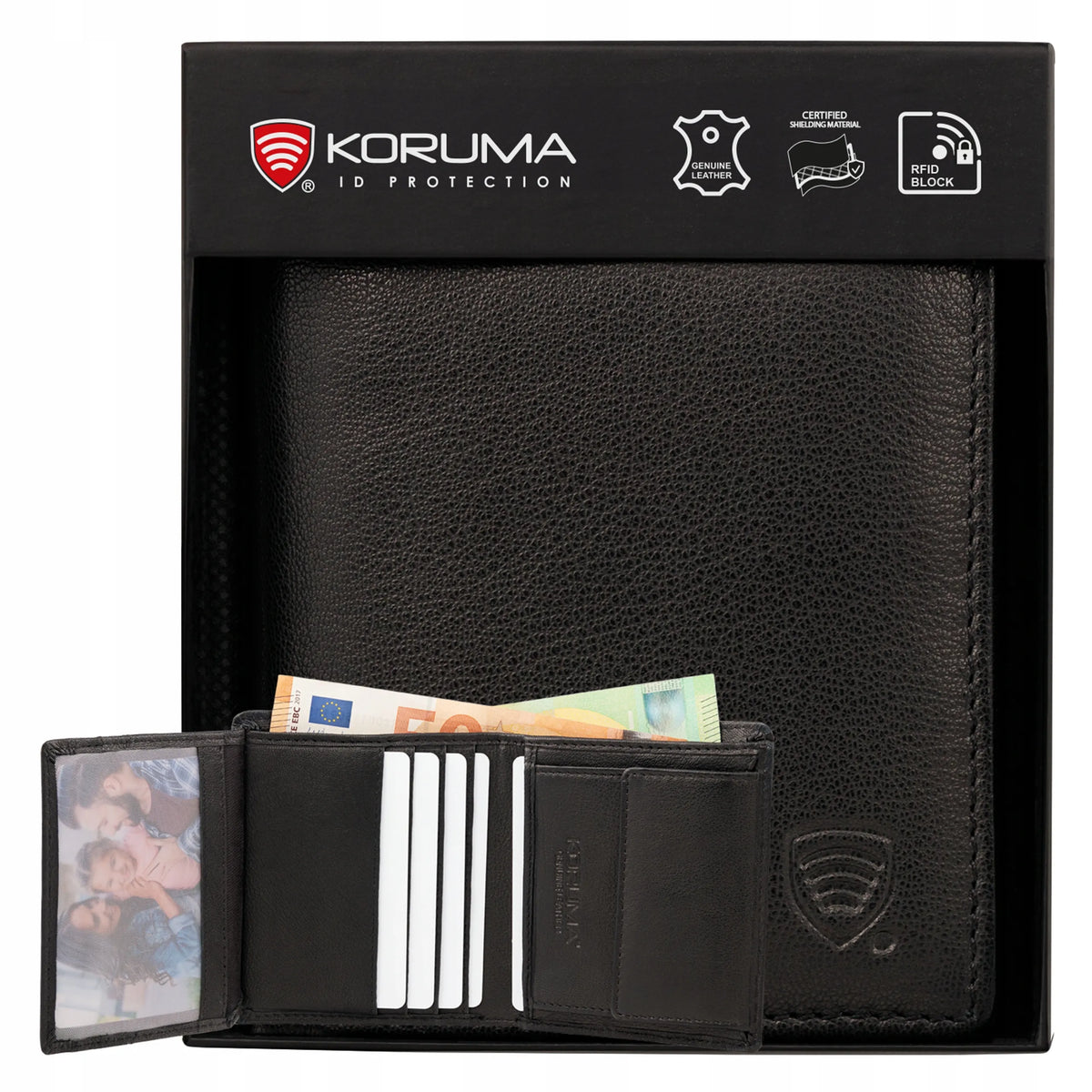 Koruma SM-900GBL maža vyriška odinė piniginė su RFID apsauga kortelėms ir monetoms, juoda