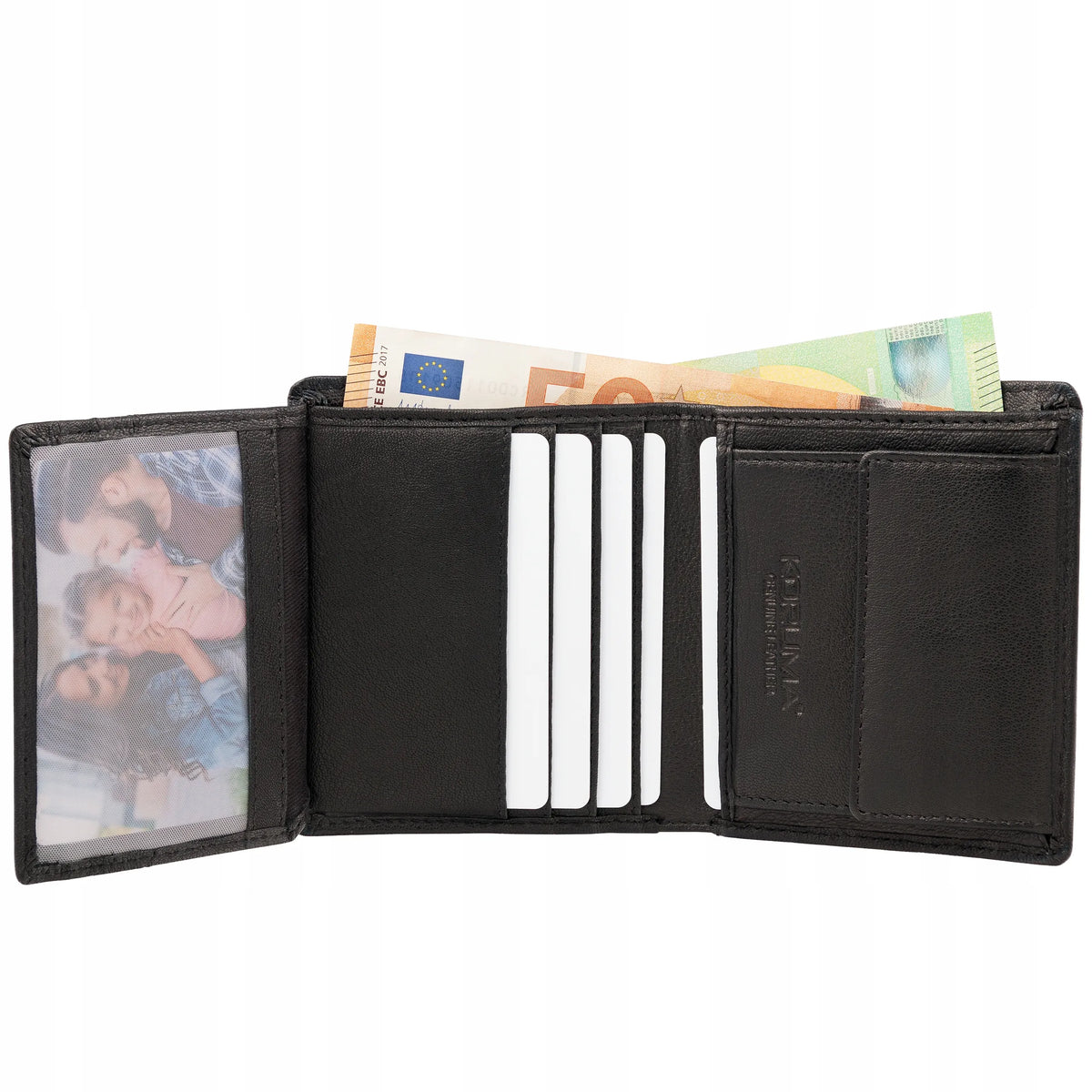 Koruma SM-900GBL maža vyriška odinė piniginė su RFID apsauga kortelėms ir monetoms, juoda