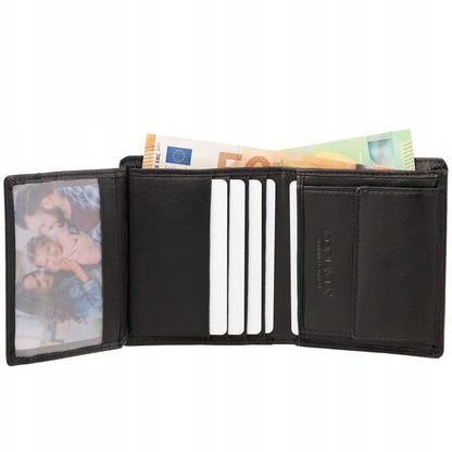 Koruma SM-900GBL maža vyriška odinė piniginė su RFID apsauga kortelėms ir monetoms, juoda