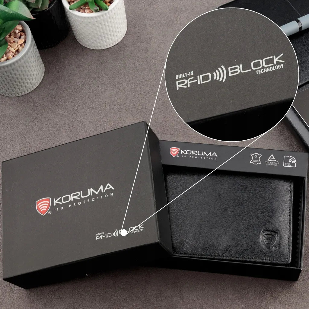Koruma SM-901GBL maža juoda vyriška odinė piniginė su RFID apsauga
