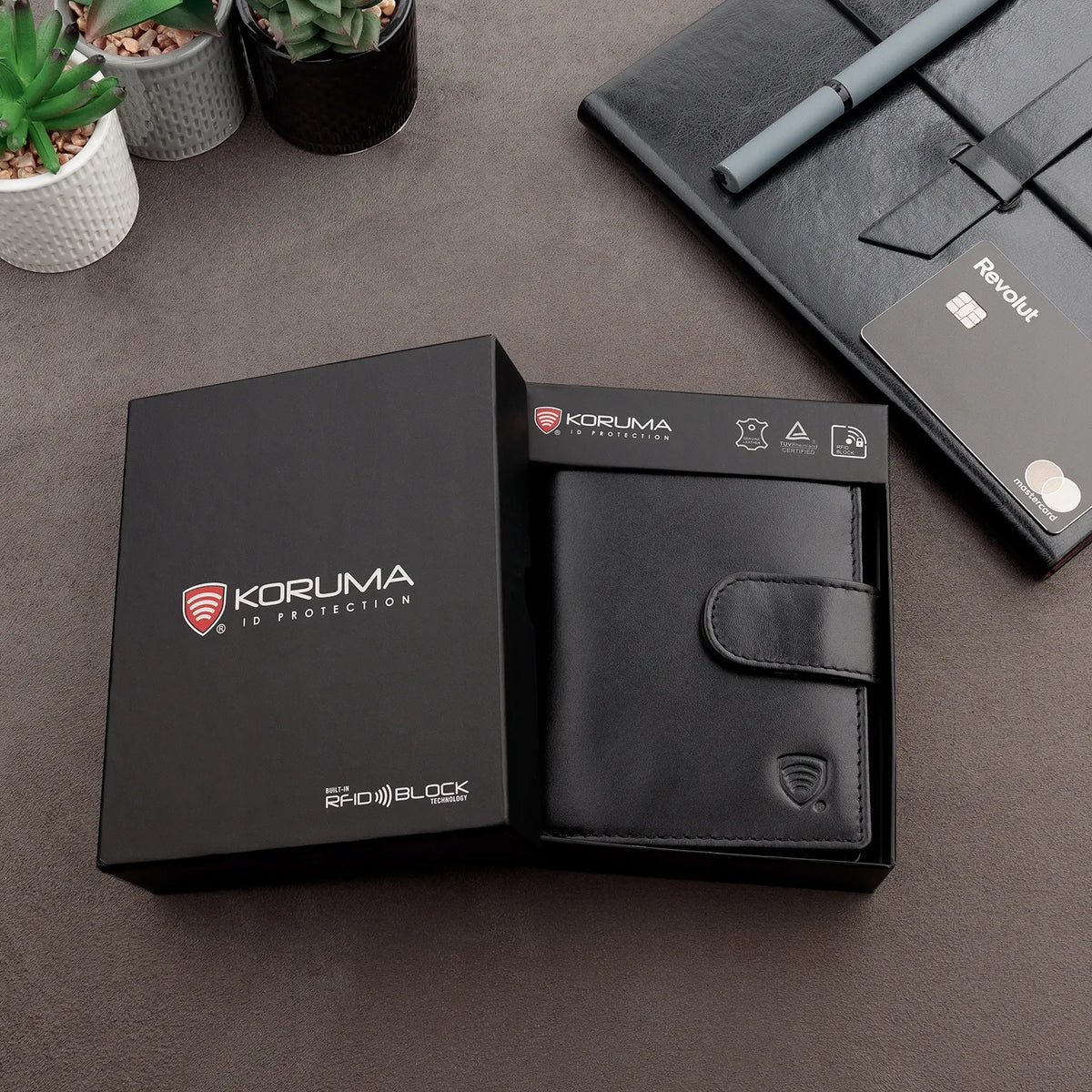 Koruma vertikali vyriška odinė piniginė su RFID apsauga, monetų kišene ir užtrauktuku