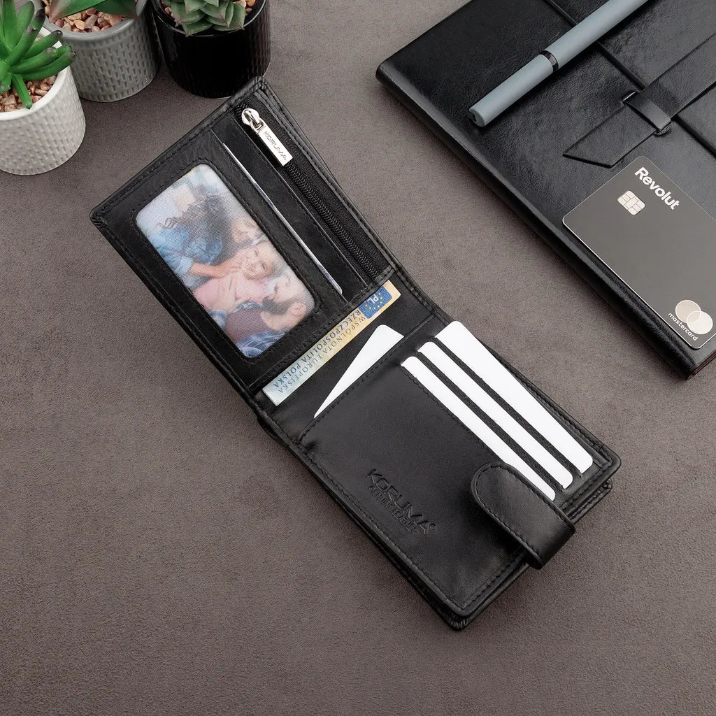 Koruma vyriška odinė piniginė SM-907PBL, juoda, su monetų skyriumi ir RFID apsauga