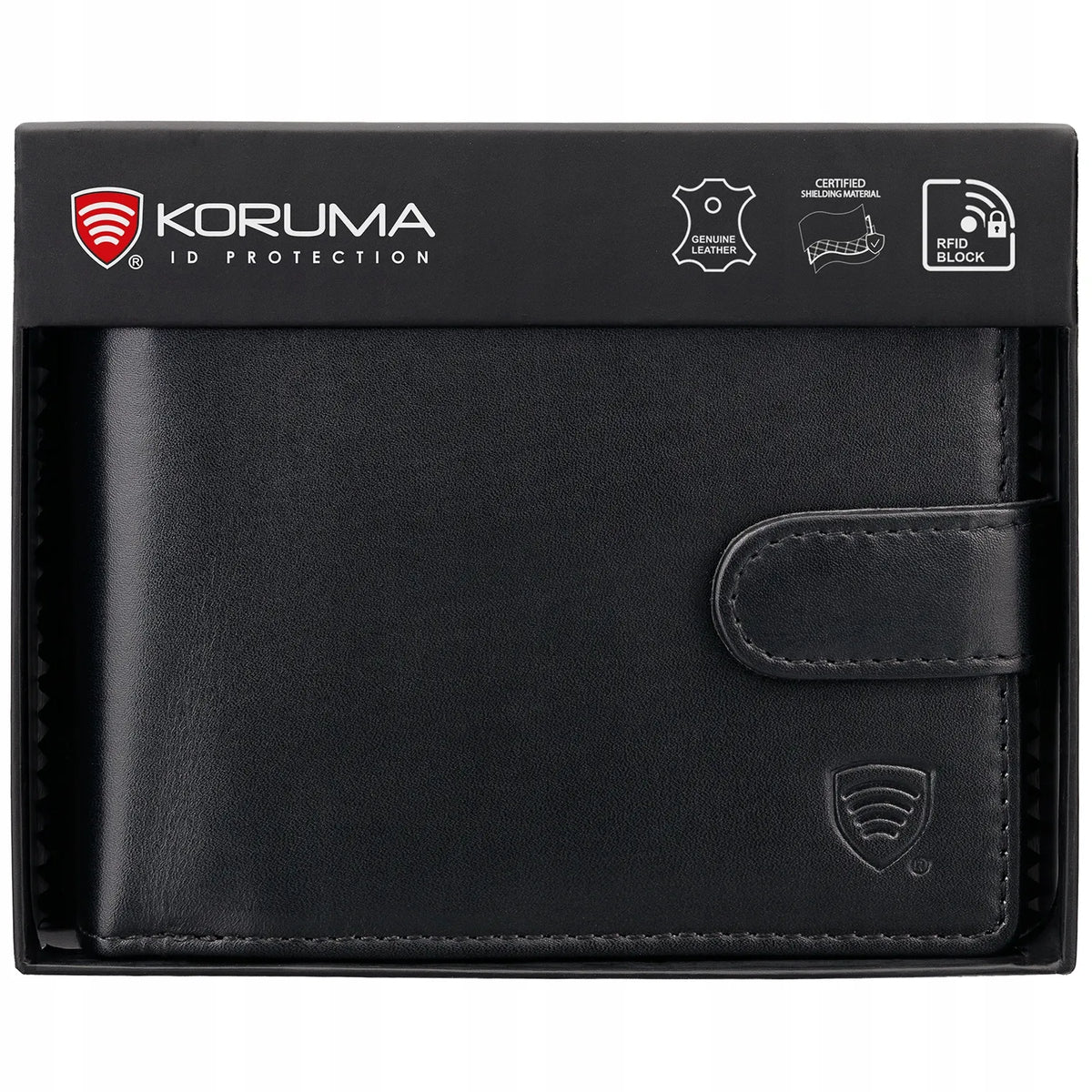 Koruma vyriška odinė piniginė su RFID apsauga, kortelių ir monetų skyreliais, juoda