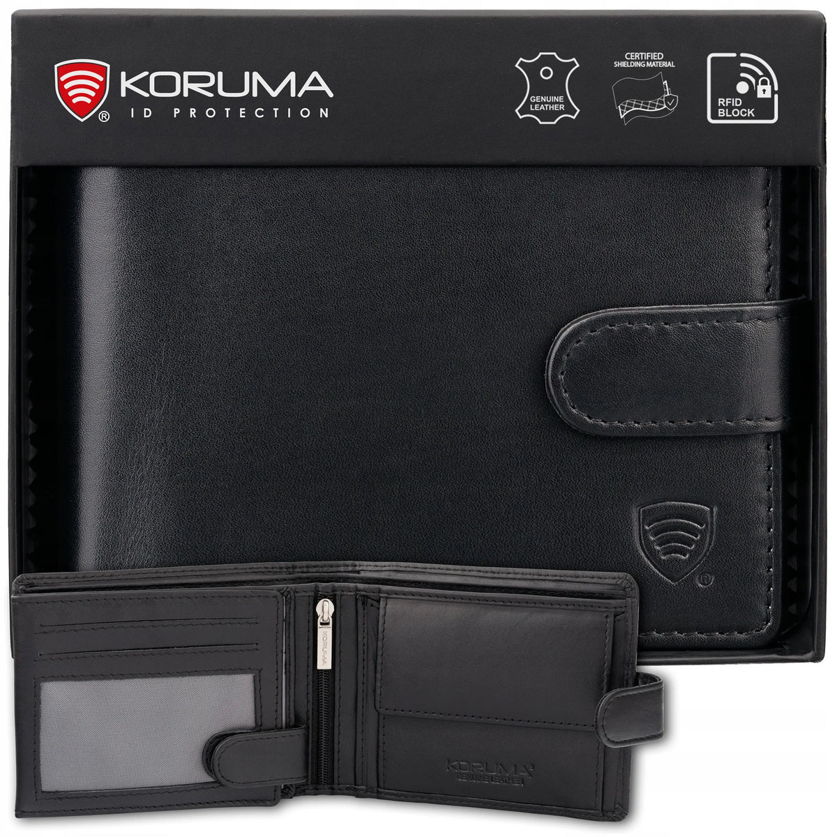 Koruma vyriška odinė piniginė su RFID apsauga, kortelių ir monetų skyreliais, juoda