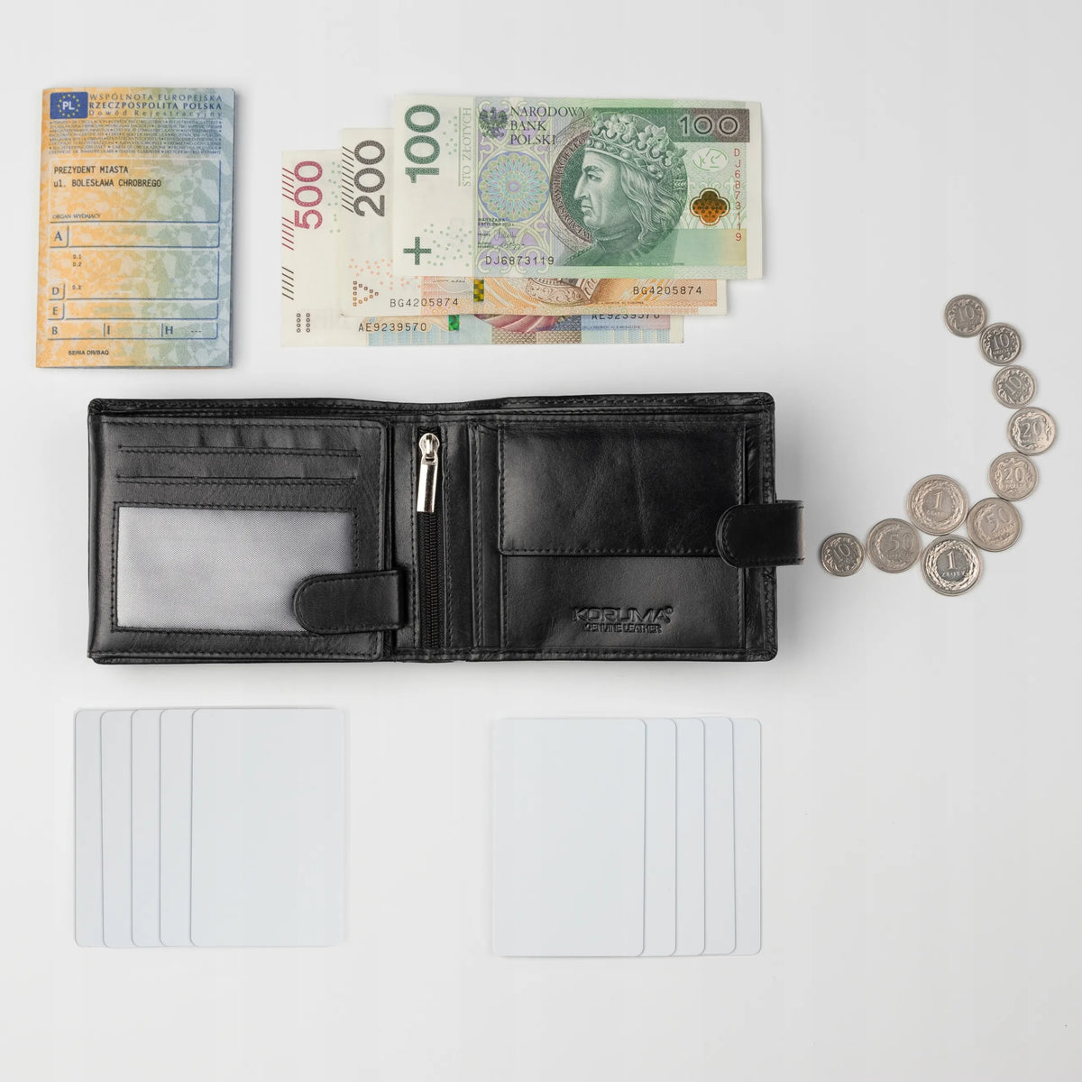 Koruma vyriška odinė piniginė su RFID apsauga, kortelių ir monetų skyreliais, juoda