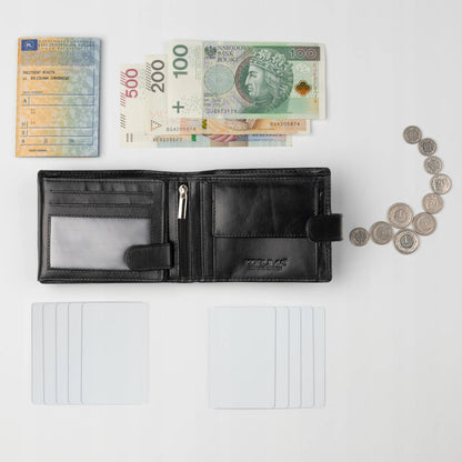 Koruma vyriška odinė piniginė su RFID apsauga, kortelių ir monetų skyreliais, juoda